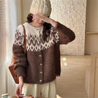 Women's Chunky Knit Cardigan with Geometric Fair Isle Pattern and Elegant Button Placket