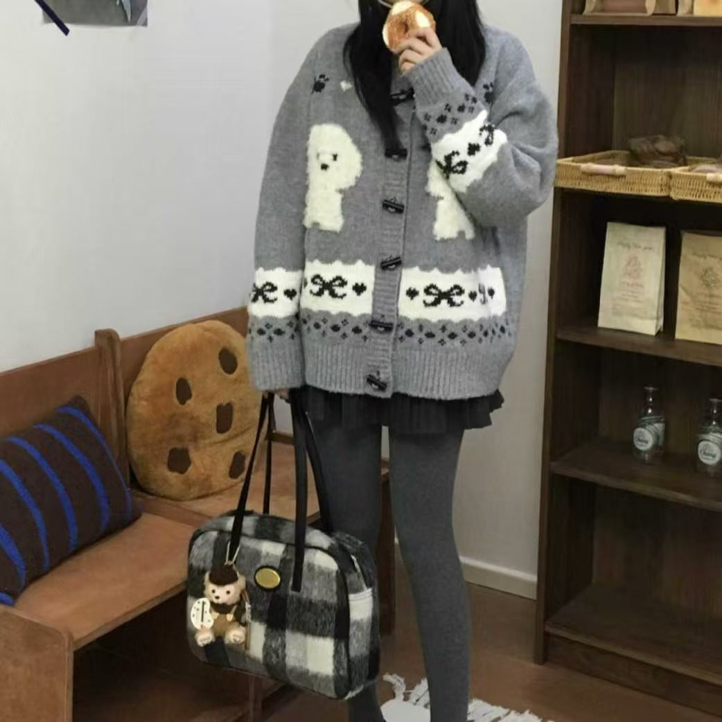 Women's Patterned Cardigan with Animal Motif and Button Details