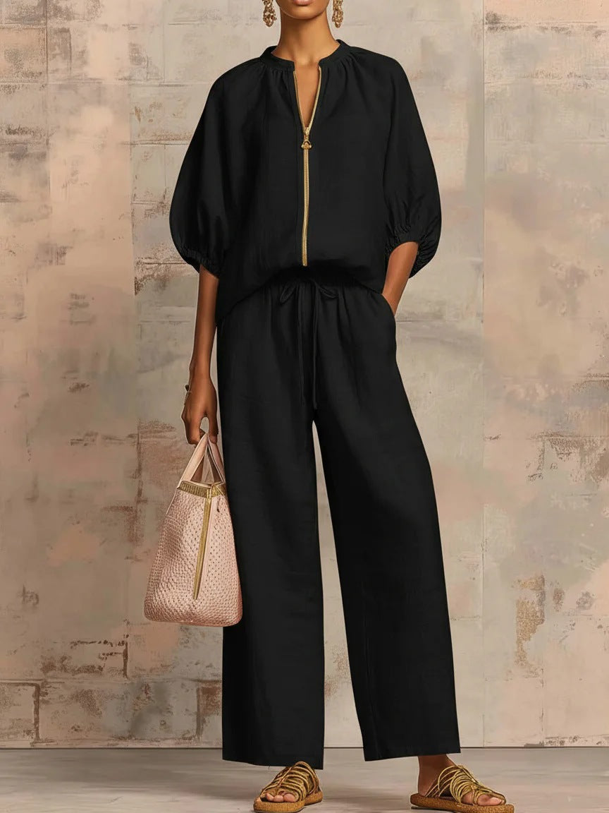 Women's Airy Two-Piece Set with Modern Collar and Zipper