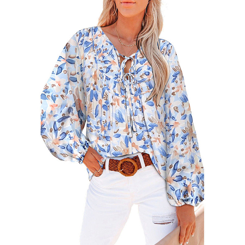 Women's Loose Blouse with Floral Pattern and Voluminous Sleeves