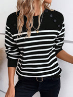 Women's Striped Sweater with Decorative Button Details and Round Neckline