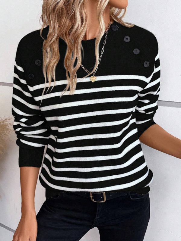 Women's Striped Sweater with Decorative Button Details and Round Neckline