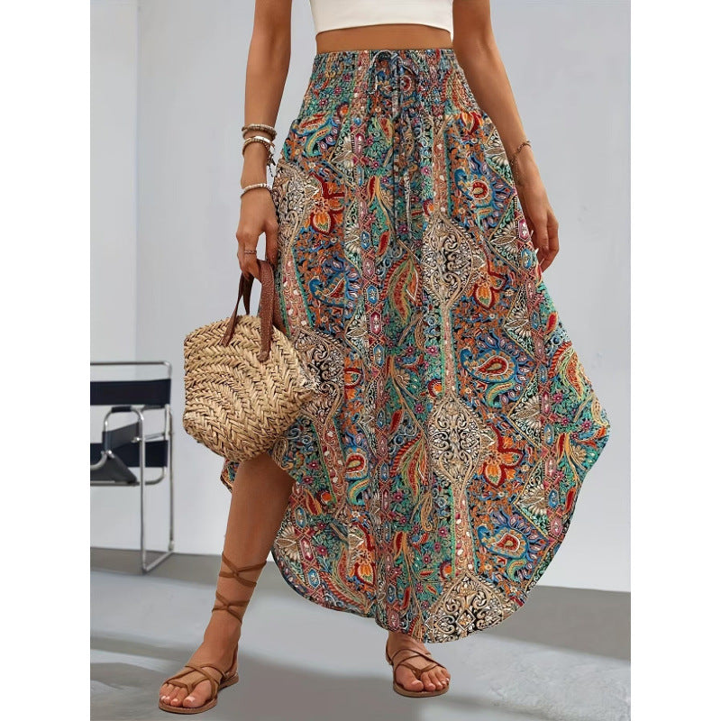 Women's Maxi Skirt with Elegant Paisley Pattern and Elastic Waistband