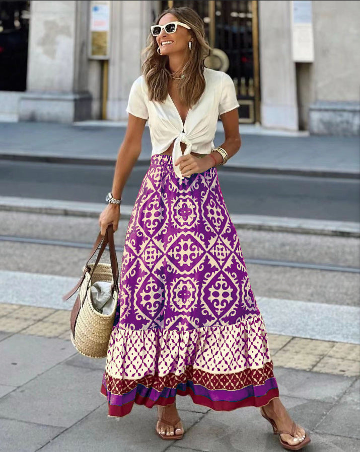 Women's Maxi Skirt in Playful Ethnic Design with Voluminous Hem