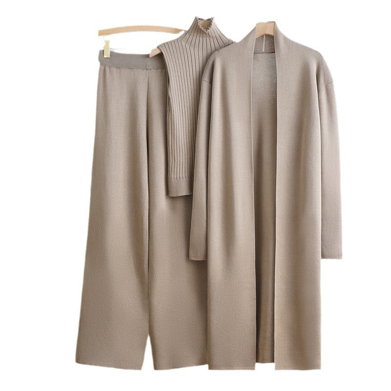 Women's Cozy Knit Loungewear Set with Long Cardigan and Ribbed Shirt