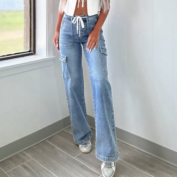 Women's Cargo Jeans with Soft Waistband and Pockets