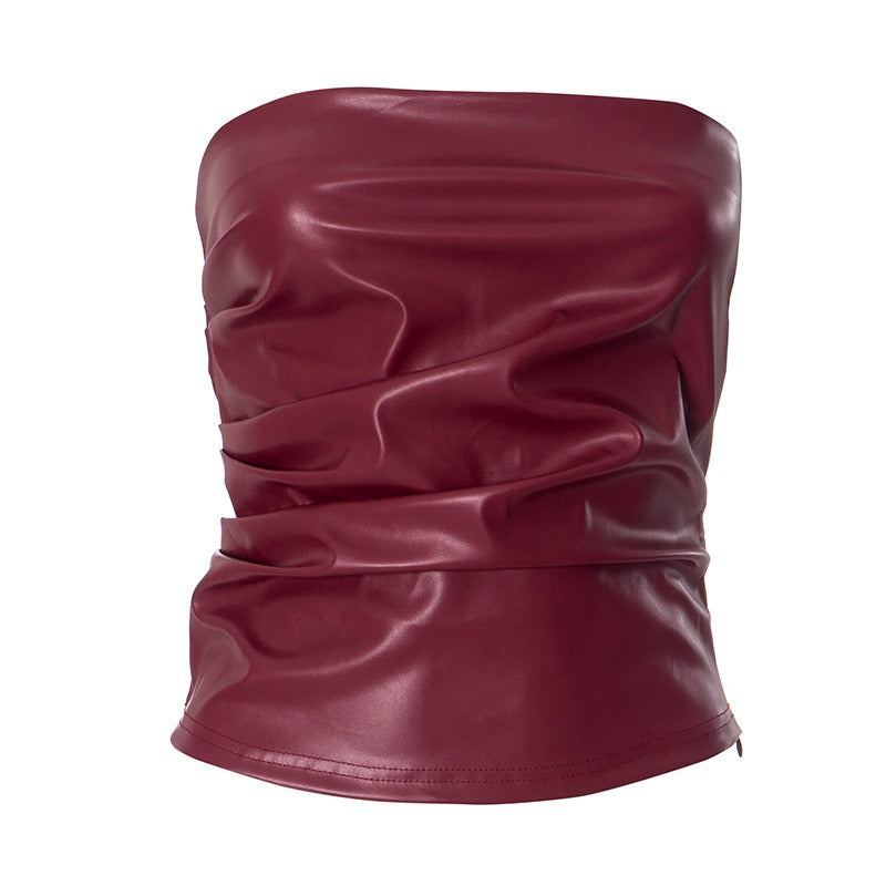 Women's Faux Leather Bandeau Top with Ruffle Details
