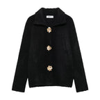 Women's Fluffy Cardigan with Decorative Flower Buttons