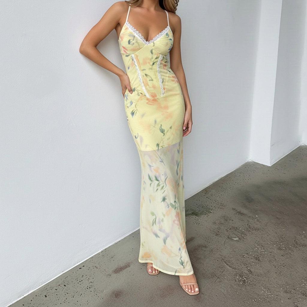 Women's Floral Maxi Dress with Spaghetti Straps and Lace Accents