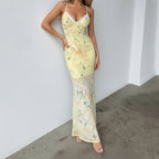 Women's Floral Maxi Dress with Spaghetti Straps and Lace Accents