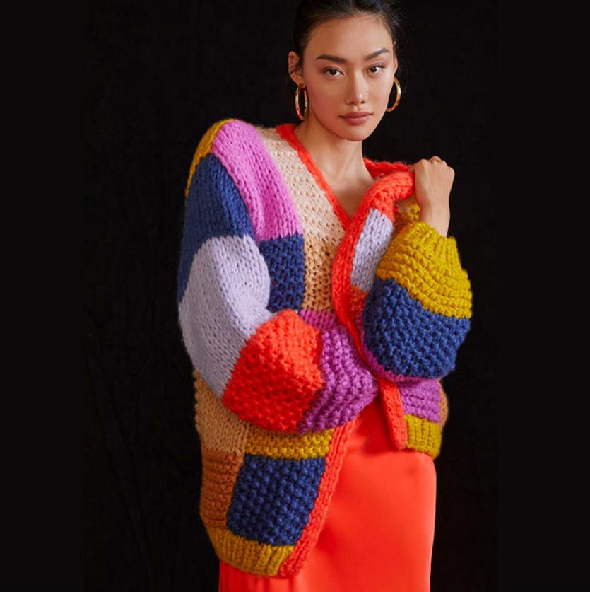 Women's Chunky Knit Cardigan with Colorful Patchwork Design