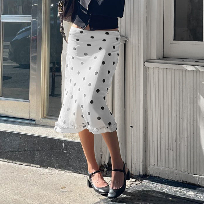 Women's Polka Dot Pencil Skirt with Delicate Lace Trim