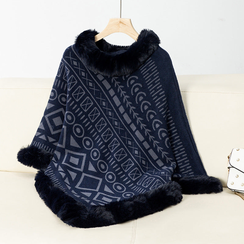 Women's Fashionable Poncho with Decorative Faux Fur Collar