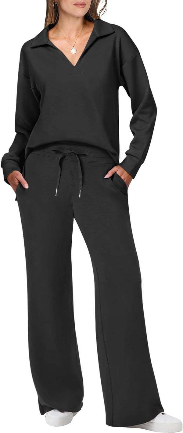 Women's Casual Lounge Set with Wide Cut and Cozy V-Neck