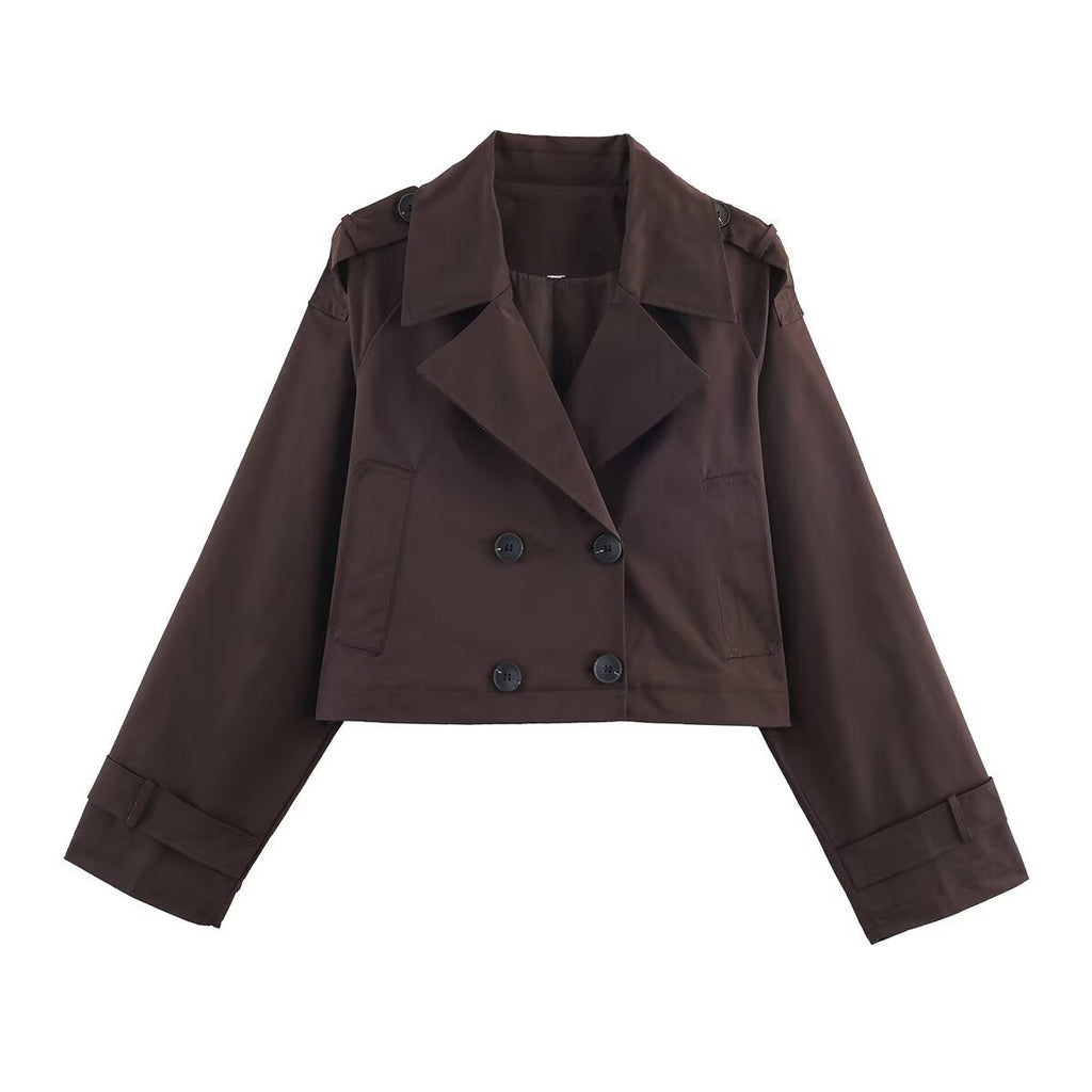 Women's Cropped Trench Coat with Double-Breasted Button Placket