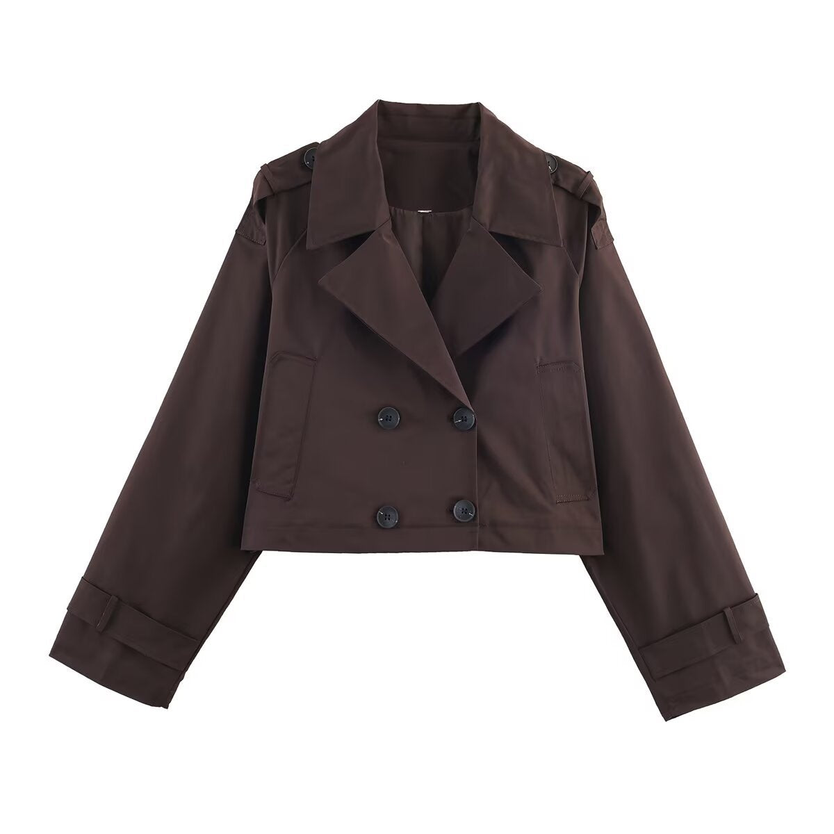 Women's Cropped Trench Coat with Double-Breasted Button Placket