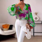 Blouse with V-Neck and Fashionable Graphic Design