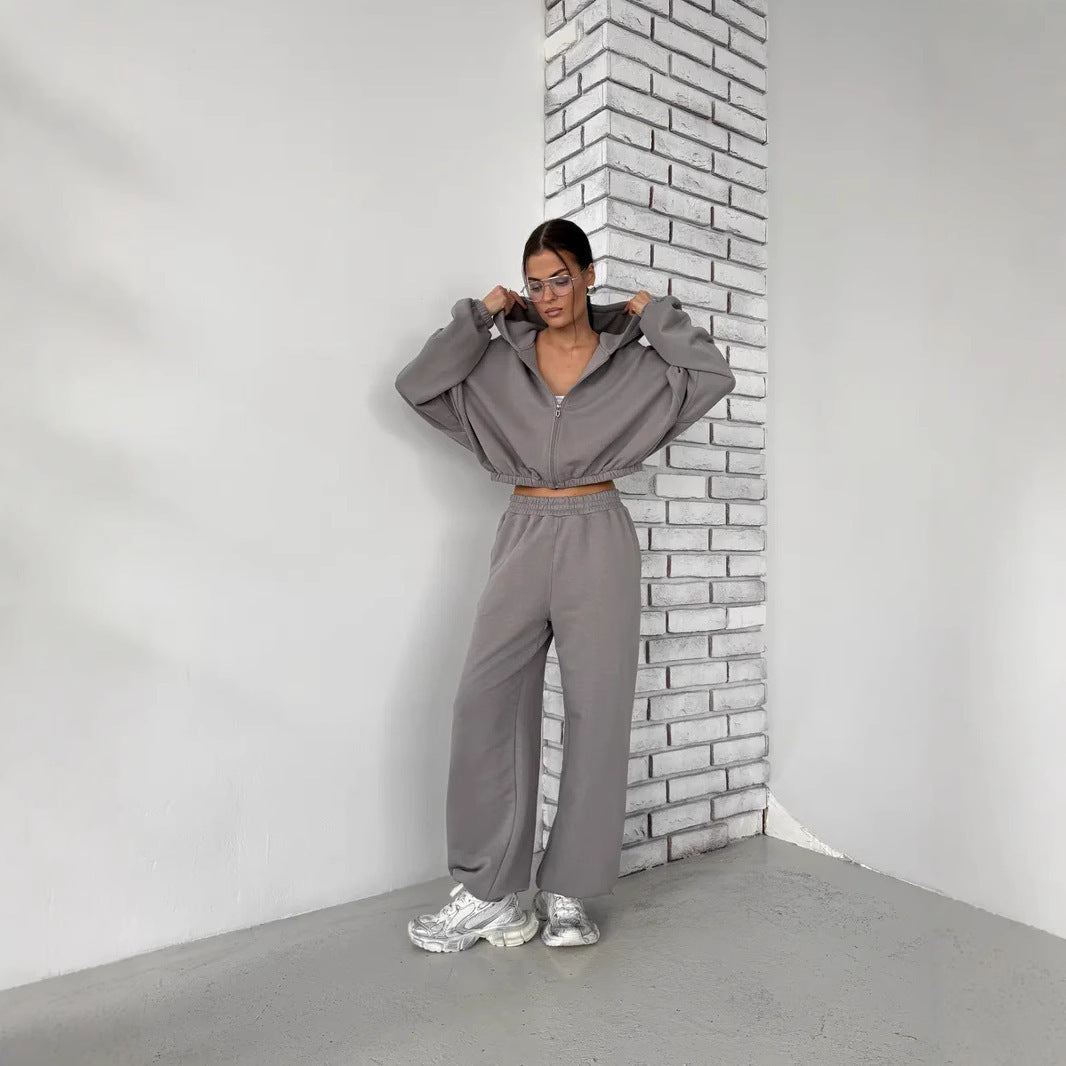 Casual Sweater Set with Cropped Hoodie and Comfortable Pants