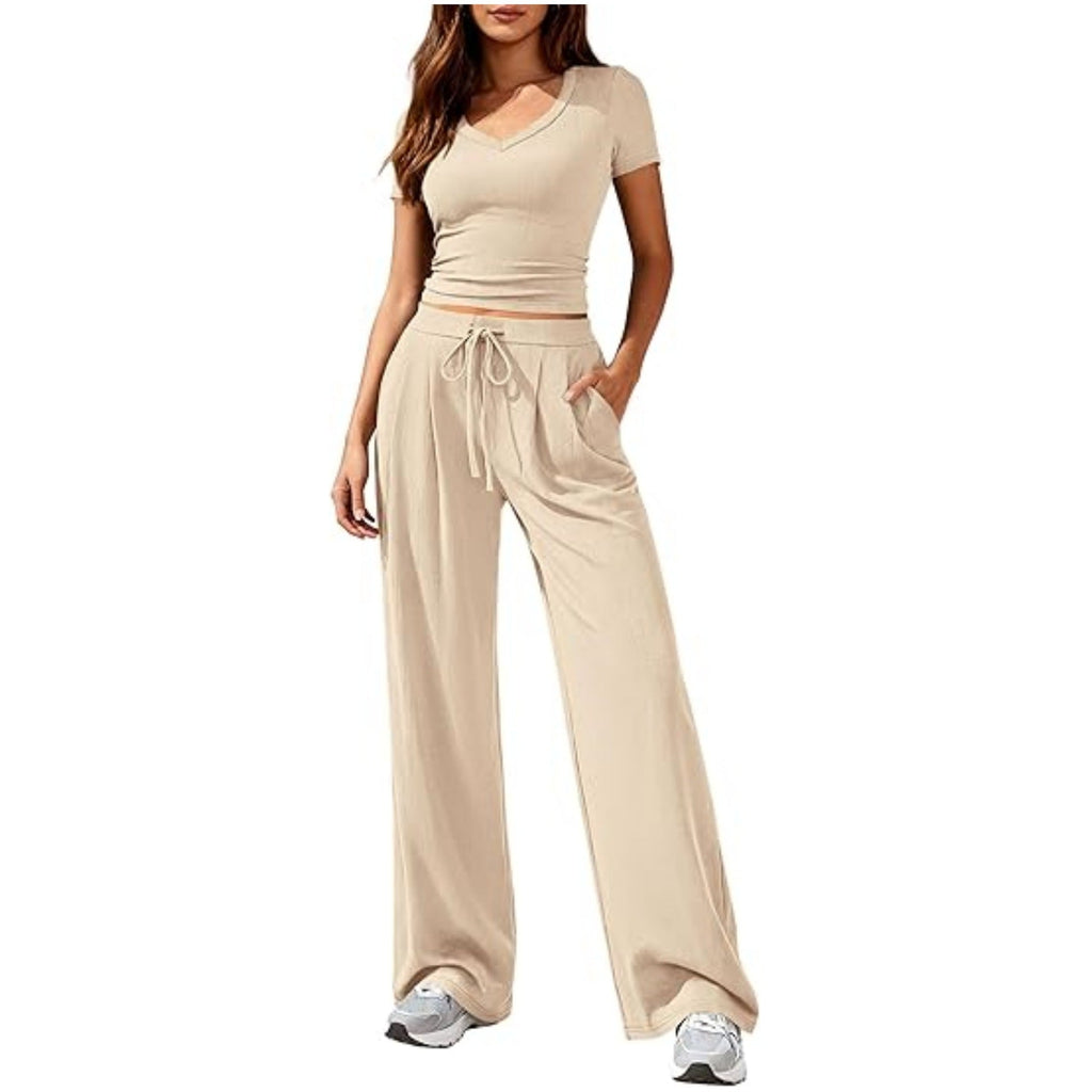 Ladies Casual Lounge Set with Tailored V-Neck Cropped Top and Loose Drawstring Pants