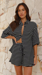 Women's Casual Set with Striped Shorts and Oversized Shirt