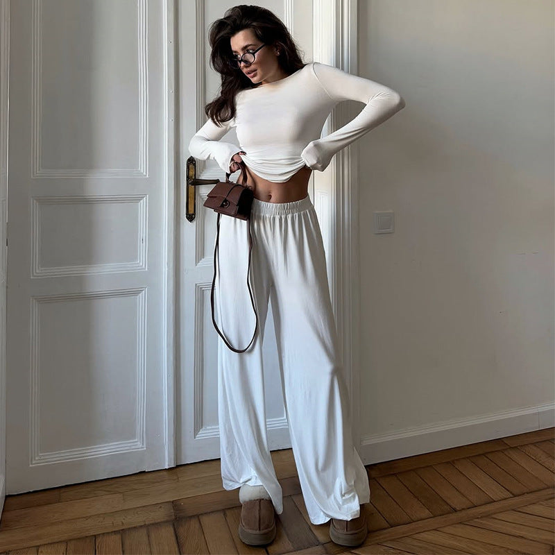 Women's Loungewear Set with Long-Sleeve Top and Wide-Leg Pants