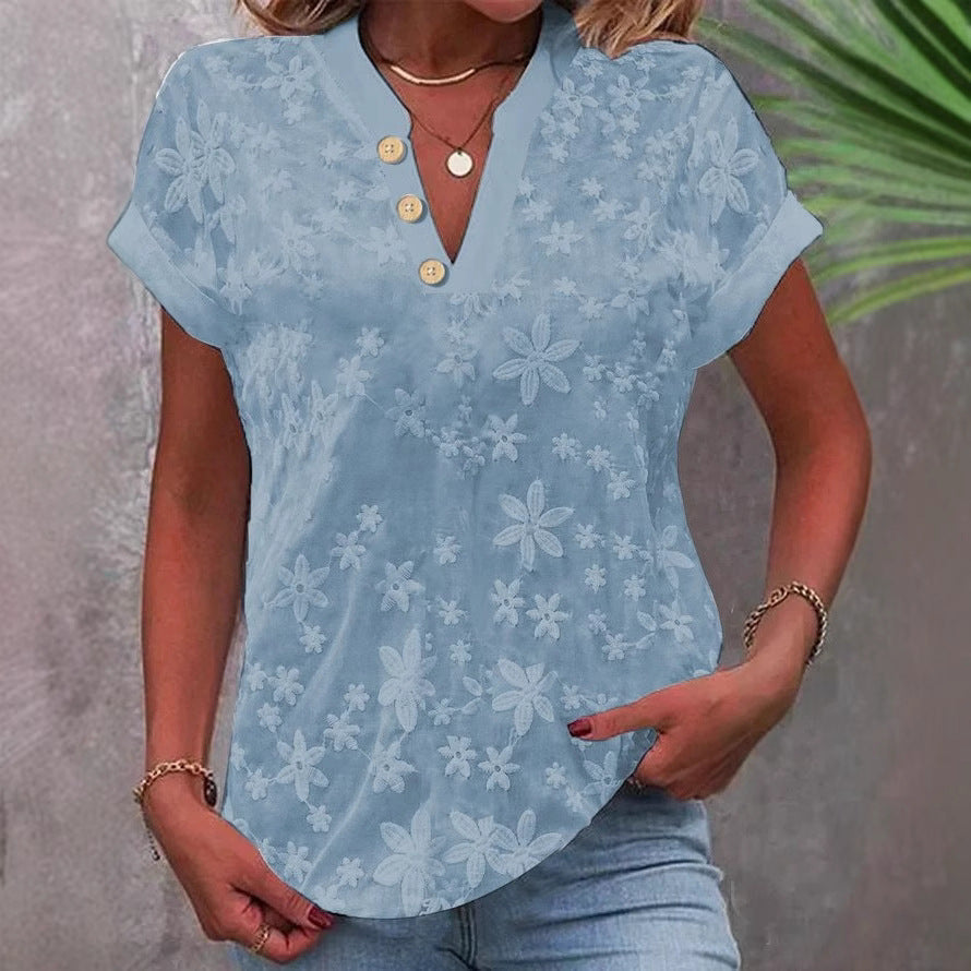 Women's Blouse with Floral Embroidery and Classic V-Neck