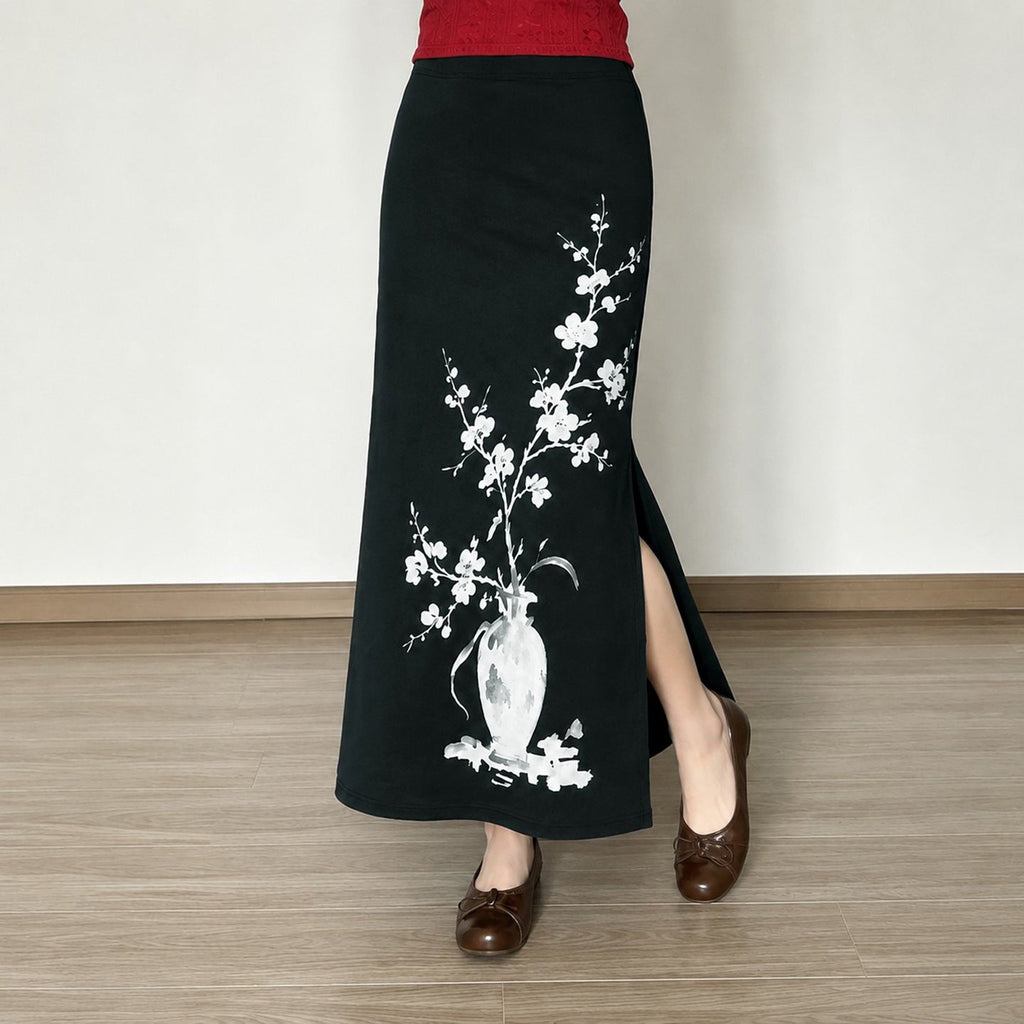 Women's Flared Maxi Skirt with Floral Vase Print