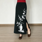 Women's Flared Maxi Skirt with Floral Vase Print