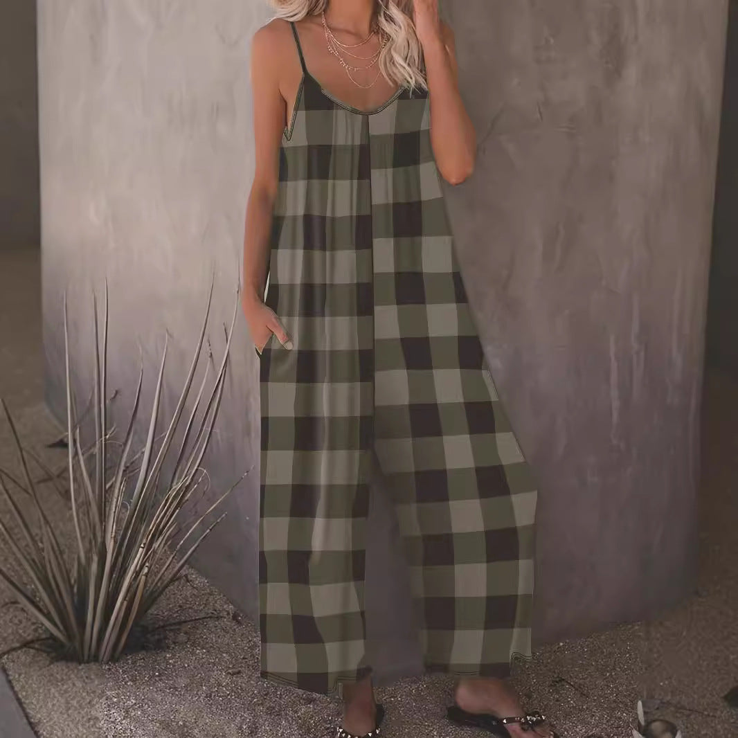 Women's Casual Plaid Jumpsuit with Pockets