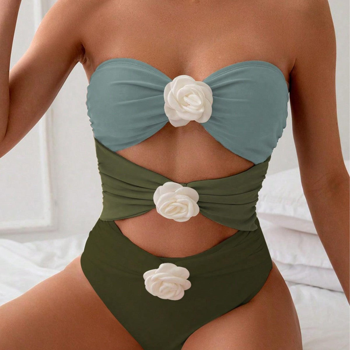Women's Bandeau Swimsuit with Elegant Ruffles and Floral Accents