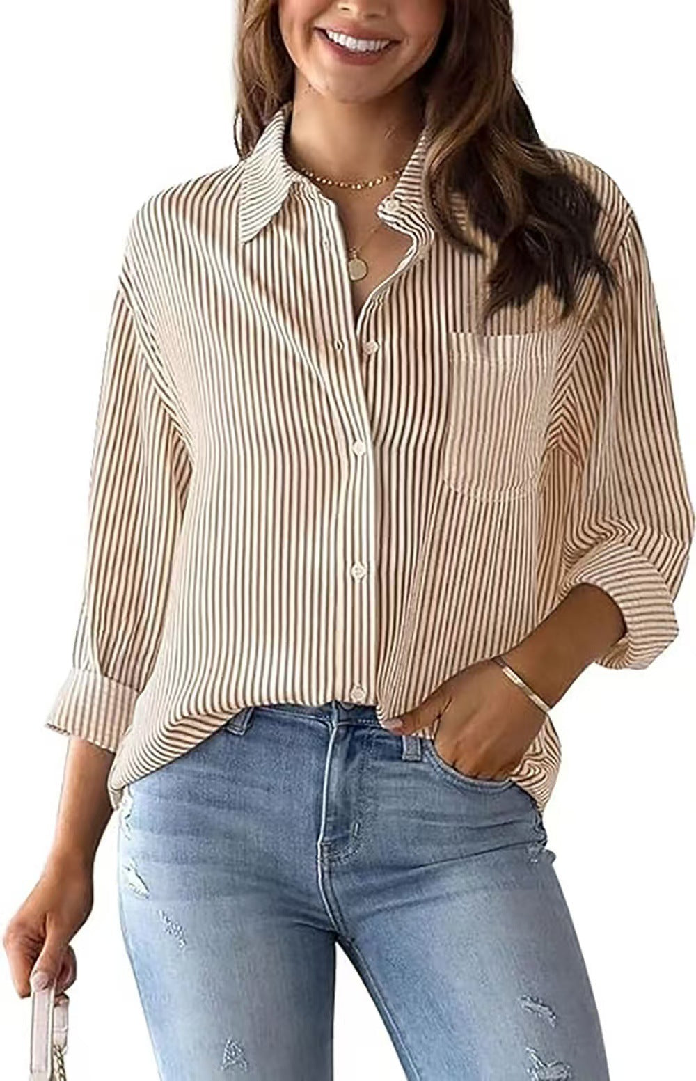 Women's Loose Striped Shirt with Chest Pocket and Roll-Up Sleeves