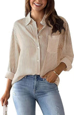 Women's Loose Striped Shirt with Chest Pocket and Roll-Up Sleeves