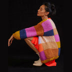Women's Chunky Knit Cardigan with Colorful Patchwork Design