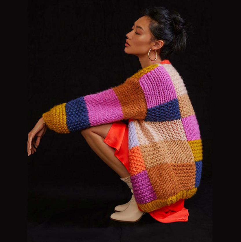 Women's Chunky Knit Cardigan with Colorful Patchwork Design