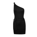 Women's One-Shoulder Mini Dress with Decorative Waist Belt