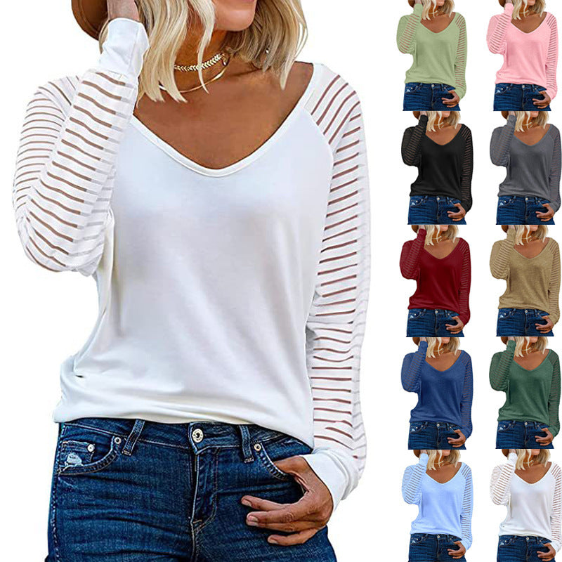 Women's Long-Sleeve V-Neck Shirt with Striped Sleeves