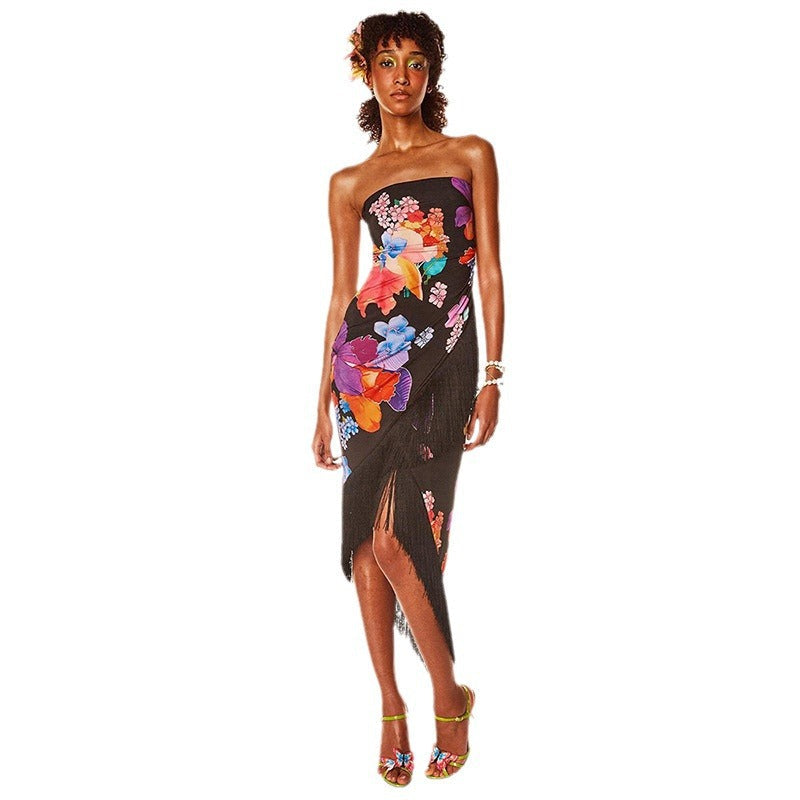 Women's Cocktail Dress with Refined Fringe and Floral Print