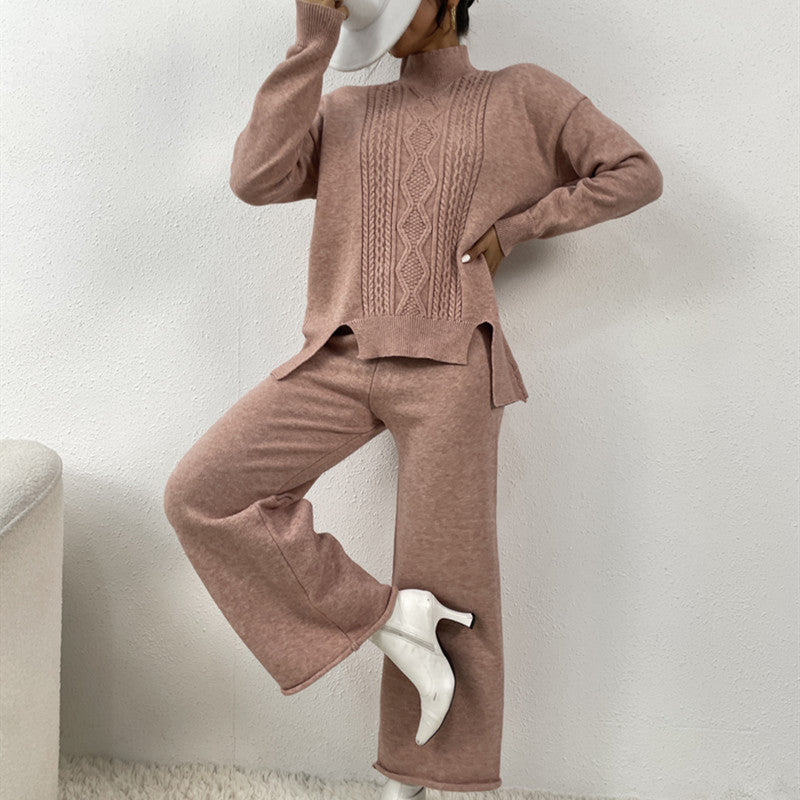 Women's Elegant Knit Suit with High Collar and Colorful Pattern