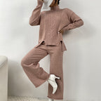 Women's Elegant Knit Suit with High Collar and Colorful Pattern