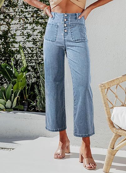 Women's High-Waist Jeans with Button Detail and Wide Leg