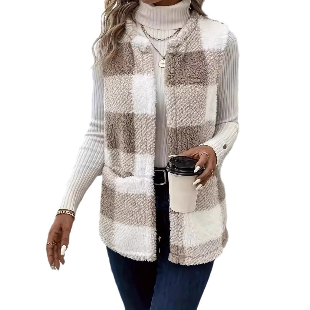 Women's Fluffy Plaid Vest with Pockets