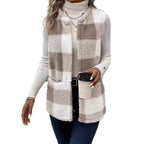 Women's Fluffy Plaid Vest with Pockets