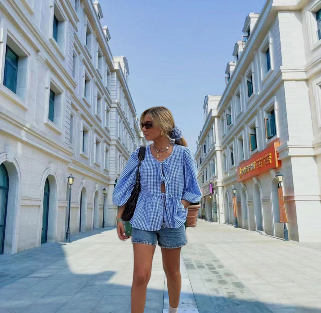 Women's Airy Plaid Blouse with Creative Cut-Out