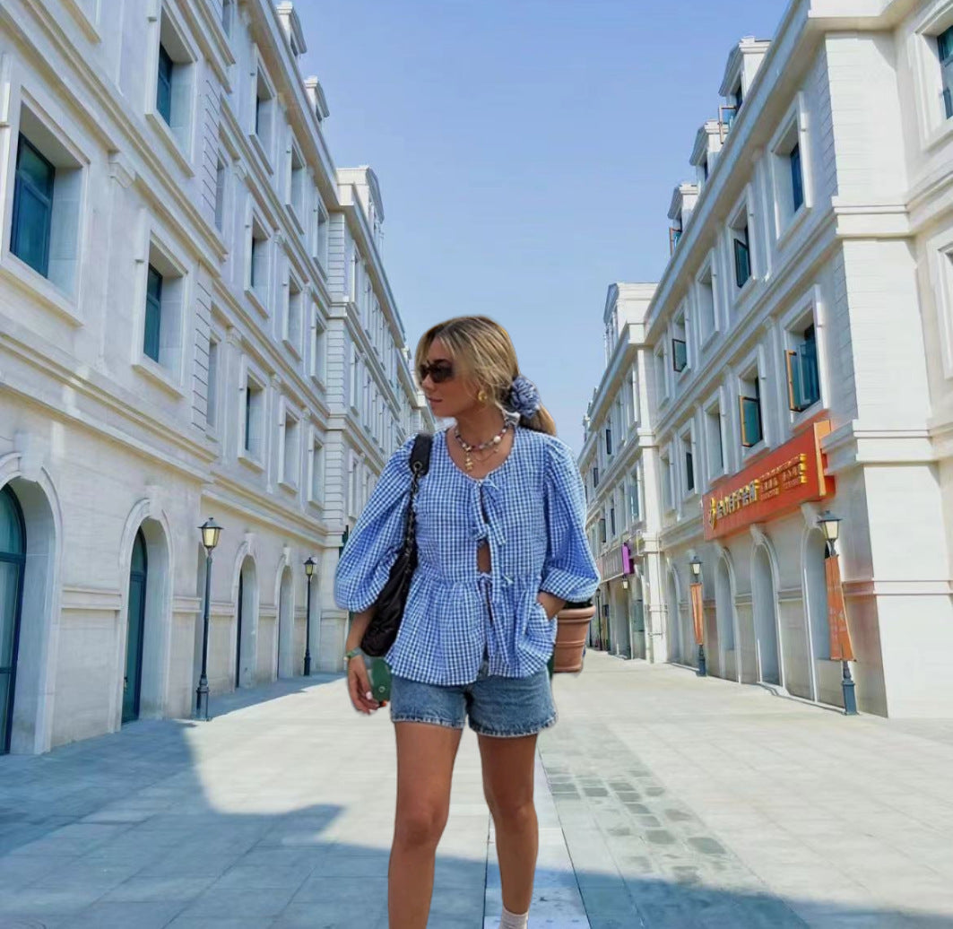 Women's Airy Plaid Blouse with Creative Cut-Out