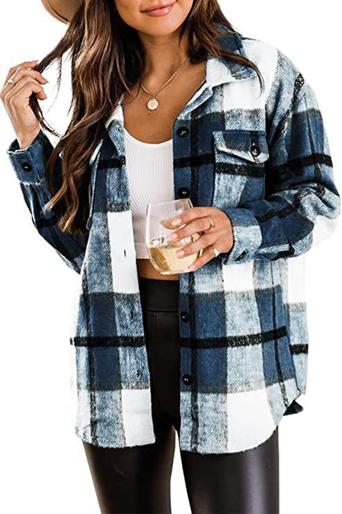 Women's Long-Sleeve Plaid Blouse with Chest Pockets