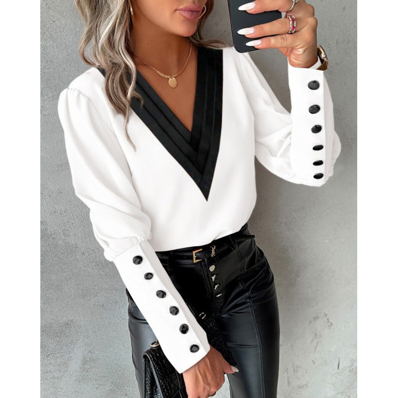 Women's V-Neck Blouse with Puff Sleeves