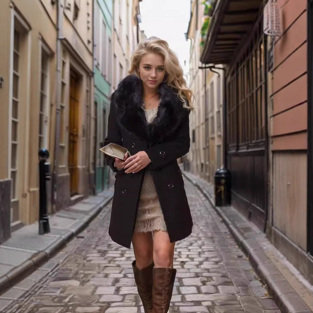 Women's Elegant Transitional Coat with Detachable Faux Fur Collar