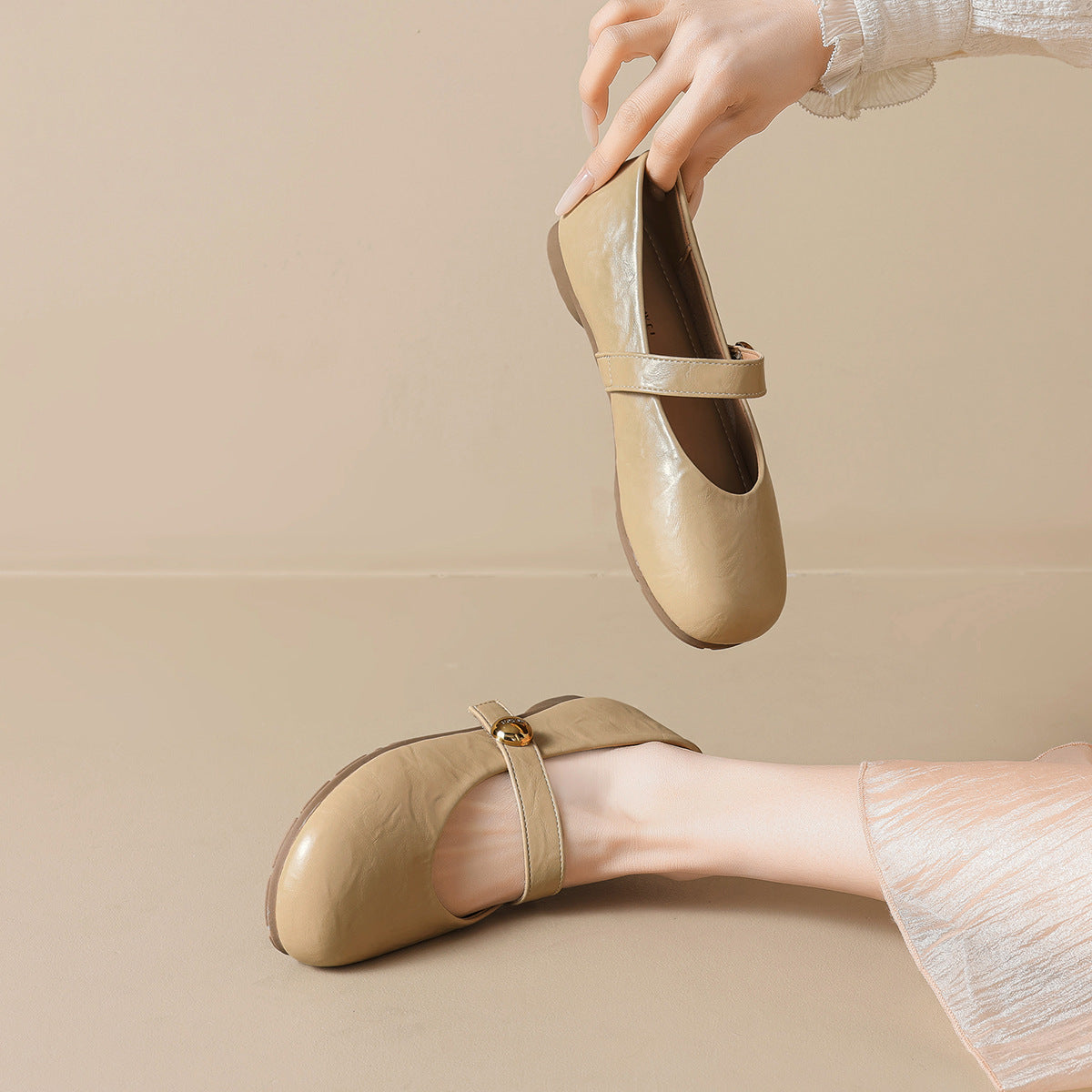 Women's Ballet Flats with Elegant Strap and Fashionable Button Detail