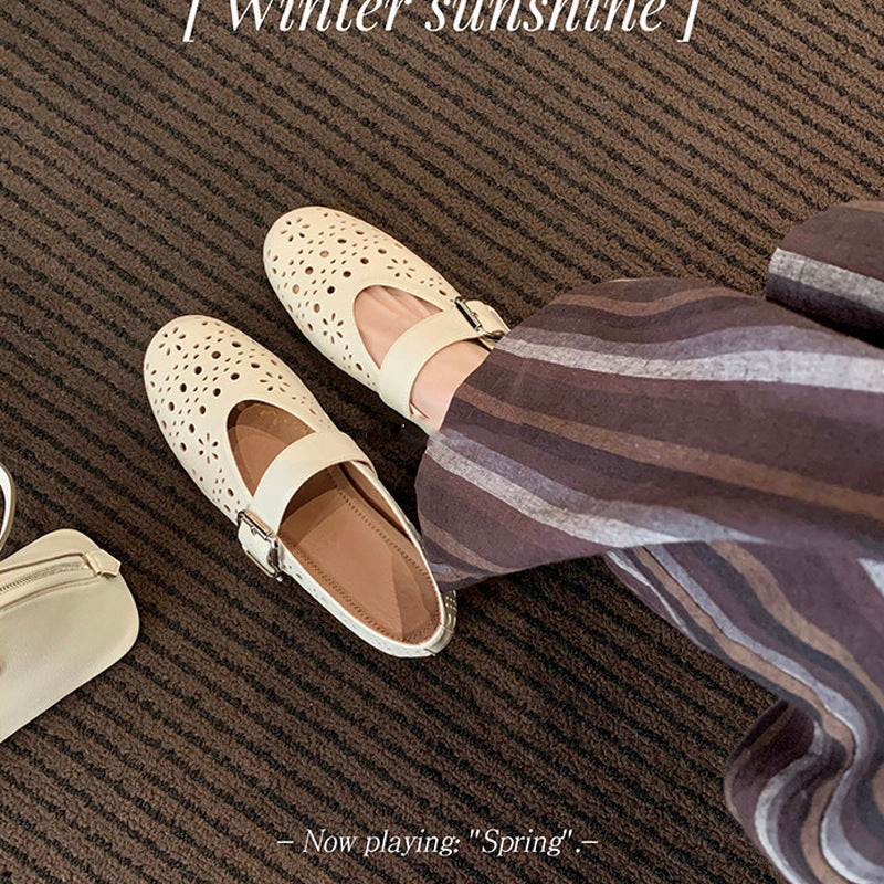 Women's Ballet Flats with Floral Cut-Outs and Adjustable Strap