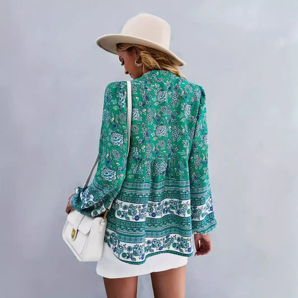 Women's Floral Blouse Top with Volant Sleeves